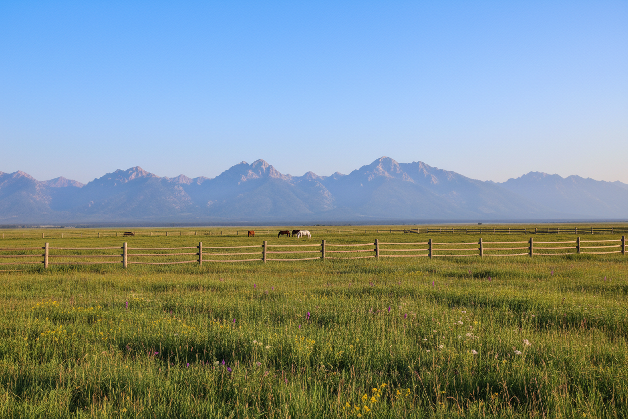 Lets generate an image that is ranch land with an open pasture with mountains faded into the background